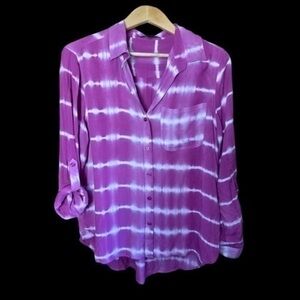 Velvet Heart Tie Dye Long Sleeve Button Front Top Purple Hot Pink White L NWT